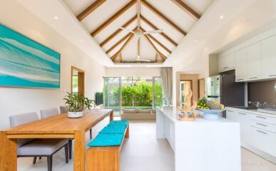 Modern open-plan kitchen and dining area with vaulted ceiling