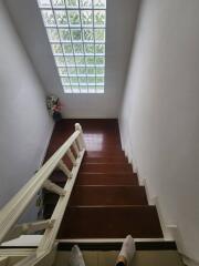 Indoor staircase with wooden steps and large window