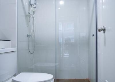 Modern bathroom with glass shower enclosure