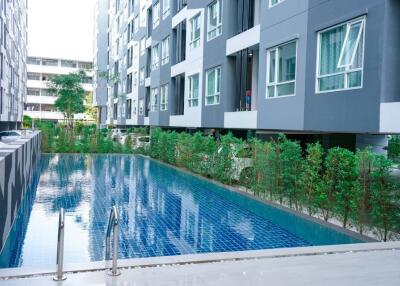 Modern apartment buildings with a swimming pool