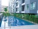 Modern apartment buildings with a swimming pool