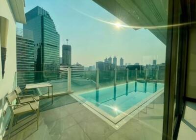 Balcony view with an outdoor pool and cityscape in the background