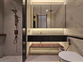 Modern bathroom with integrated shower and vanity mirror