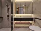 Modern bathroom with integrated shower and vanity mirror