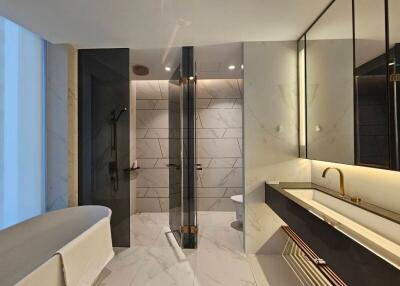 Modern bathroom with bathtub, shower, and double sink