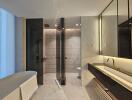 Modern bathroom with bathtub, shower, and double sink