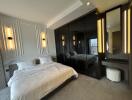 Modern bedroom with a large bed and mirrored wardrobe