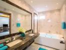 Modern bathroom with marble walls and dual sinks