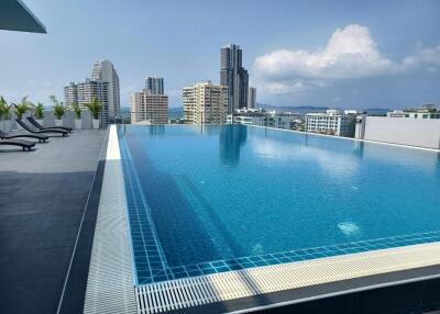 Rooftop pool with city skyline view