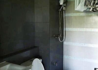 Modern bathroom with toilet, sink, and shower.
