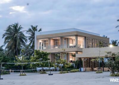 Modern beach house with large windows and palm trees