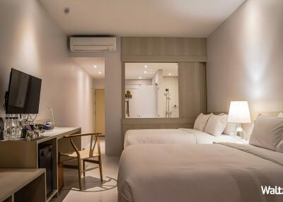 Modern bedroom with twin beds, a TV, a desk, and a wooden chair