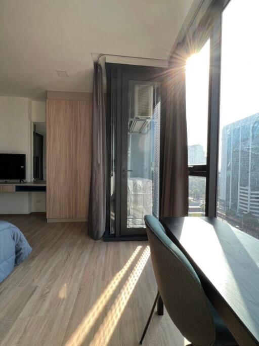 Modern bedroom with large window, sunlight, and wooden flooring