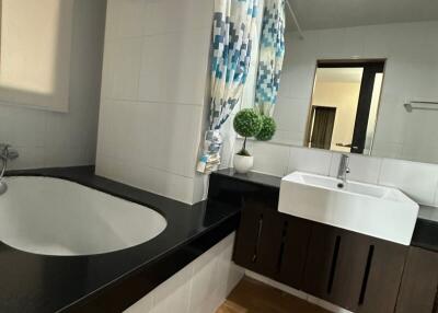 Modern bathroom with sink, bathtub, and decorative elements