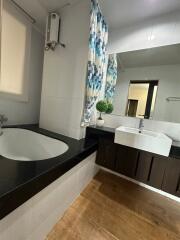 Modern bathroom with sink, bathtub, and decorative elements