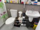 Small bathroom with shower, toilet, and sink