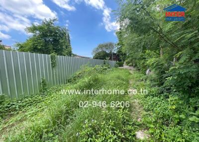 Backyard of a property with overgrown grass and metal fence