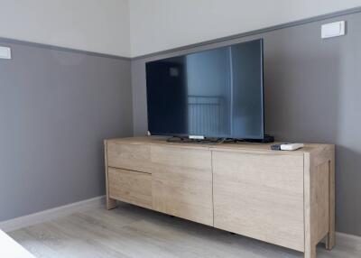 Modern living room with wooden TV stand