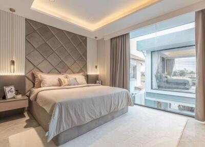 Contemporary bedroom with large windows and modern furniture