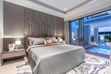 Modern bedroom with large bed and stylish decor