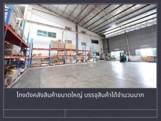 Spacious warehouse with high ceilings, industrial shelving, and loading area