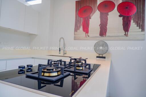 Modern kitchen with stove and cultural artwork