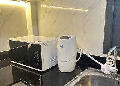 Modern kitchen with microwave, water purifier, and sink