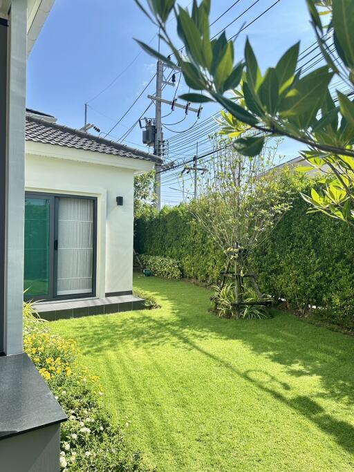 Beautiful garden with lush greenery and patio doors