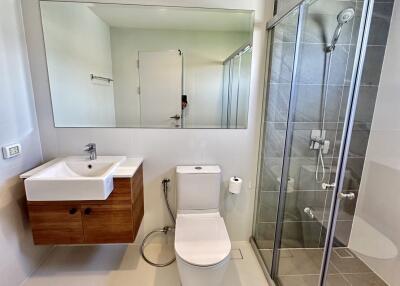 Modern bathroom with shower, toilet, and sink.