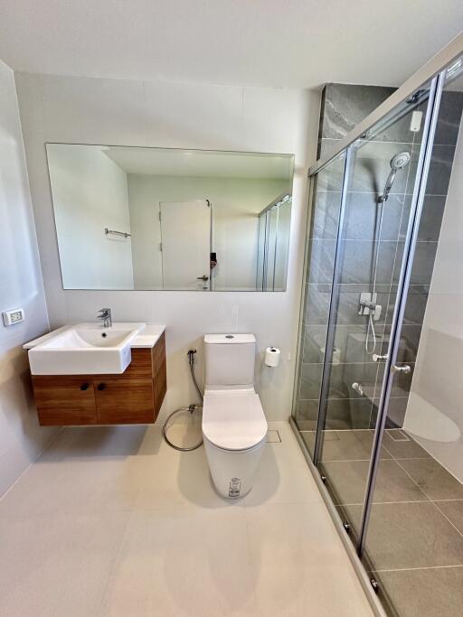 Modern bathroom with shower, toilet, and sink.