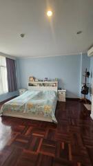 Spacious bedroom with wooden floor and blue walls