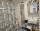 Modern bathroom with glass brick divider and functional fixtures