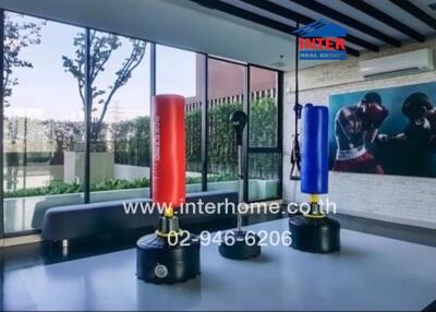 Modern gym with large windows and boxing equipment