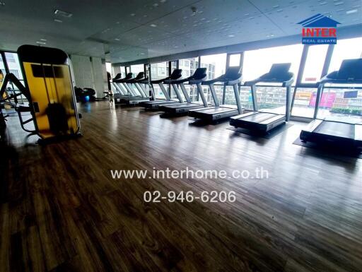 Modern fitness center with multiple treadmills and large windows