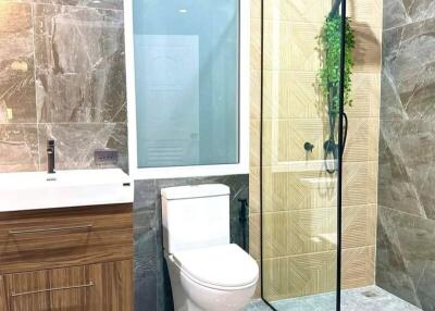 Modern bathroom with walk-in shower, toilet, and vanity