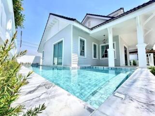 Modern house exterior with swimming pool