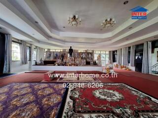 Spacious living room with decorative carpets and lighting fixtures