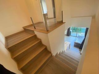 Staircase with modern railing and wood flooring