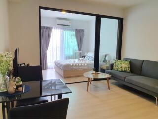 Modern living room with view into bedroom