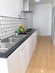 Modern kitchen with double sink and cooktop