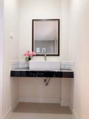 Modern bathroom sink with mirror and floral decor