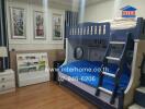 Children's bedroom with a bunk bed and bookshelf