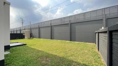 Outdoor backyard with grassy lawn and high privacy fence