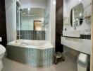 Modern bathroom with bathtub and vanity