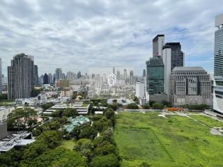 City skyline view with green spaces