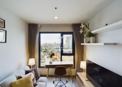 Modern living room with a view and workspace