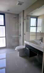 Modern bathroom with a large window, glass shower enclosure, and sleek fixtures