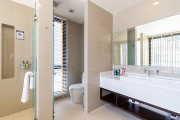 Modern bathroom with sink, toilet, and shower