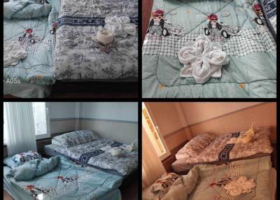 Four different views of a bedroom with made beds and cozy bedding