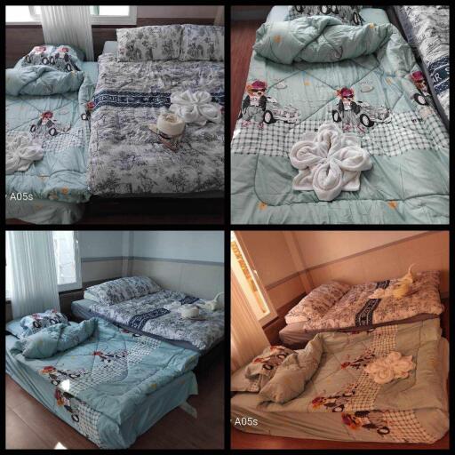 Four different views of a bedroom with made beds and cozy bedding